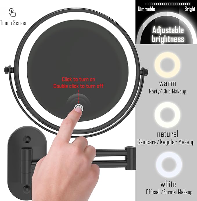Ruacq Rechargeable Makeup Mirror Matte Black Double Sided Vanity Mirror - Image 4