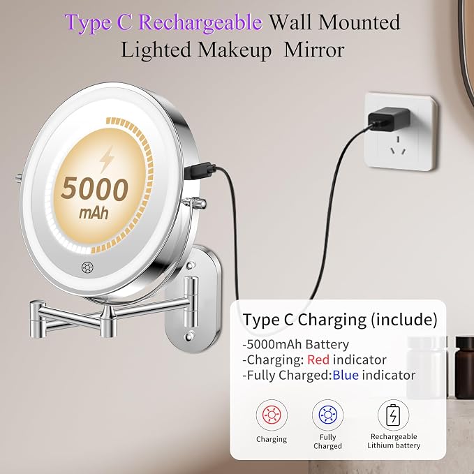 FUNTOUCH Rechargeable Wall Mounted Makeup Mirror - Image 3