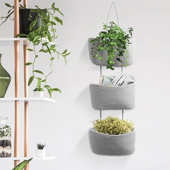 TeoKJ Over the Door Hanging Basket, 3-Tier Woven Cotton Wall-Mounted Storage - Image 5