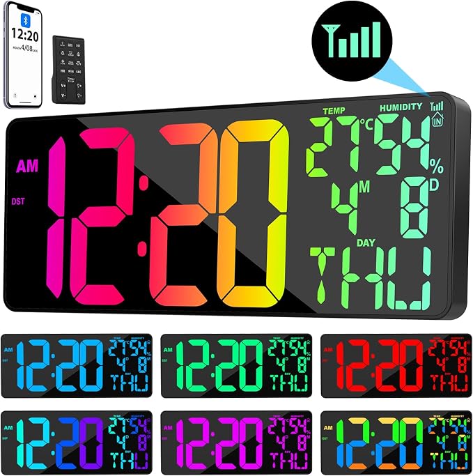 11 RGB Color Changes Large Digital Wall Clock/Bluetooth Auto Time Sync by Xflyee