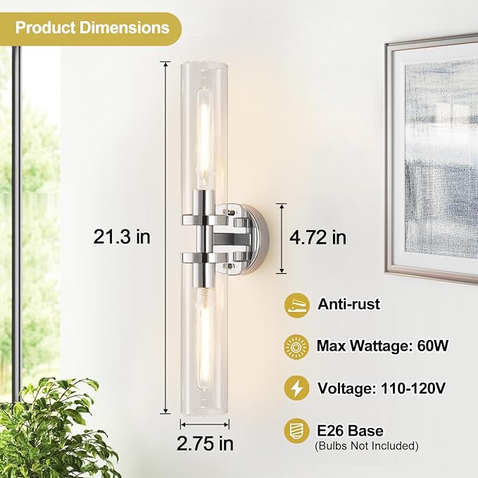 Indoi Wall Sconces Set of Two, Hardwired Chrome Bathroom Sconces Wall Lighting - Image 4
