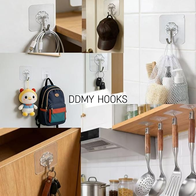 DDMY 100 Pack Heavy Duty Self Adhesive Hooks 50 lbs Transparent Reusable Sticky - Image 3