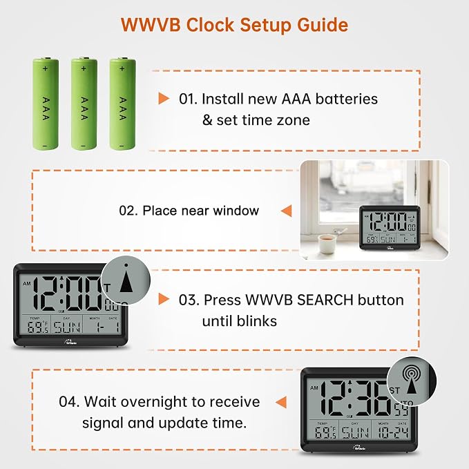 WallarGe Atomic Digital Wall Clock Battery Operated, Self-Setting, Large Display - Image 6