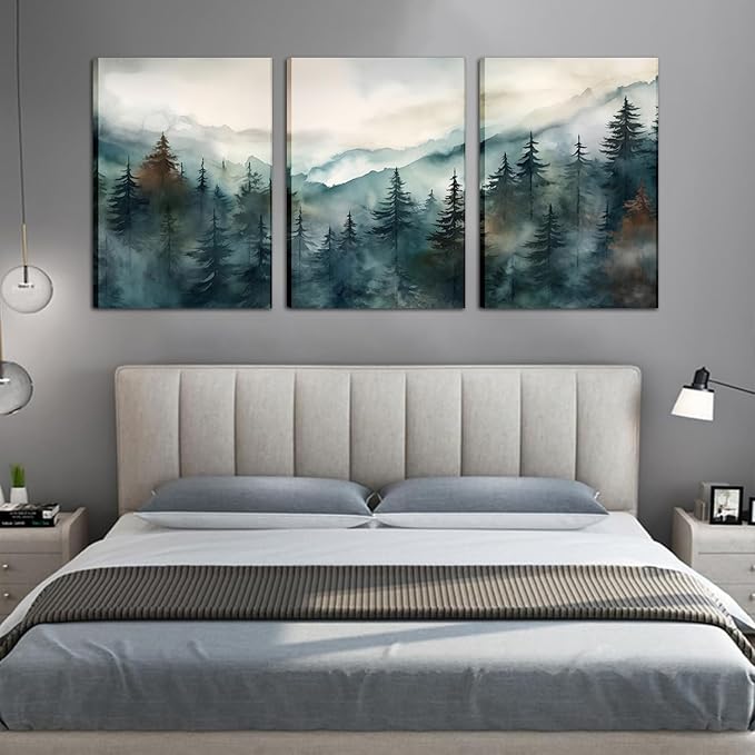 AKWISH Framed Green Forest Canvas Wall Art Set of 3, Boho Misty Watercolor Pine - Image 8