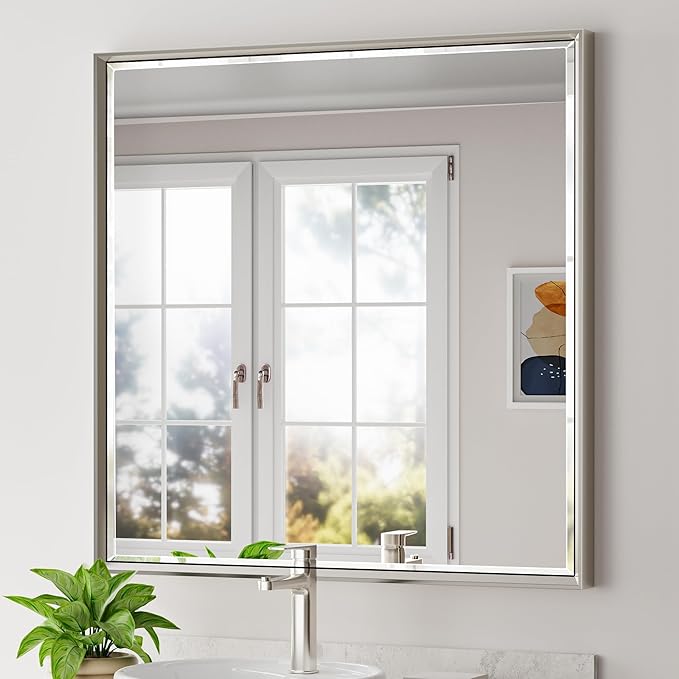 Brushed Nickel Bathroom Mirror, Bathroom Mirrors by QUEENFUN