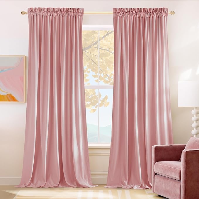 NICETOWN Pink Velvet Curtains 96 inch Length, Blush Pink Room Darkening Thermal by NICETOWN