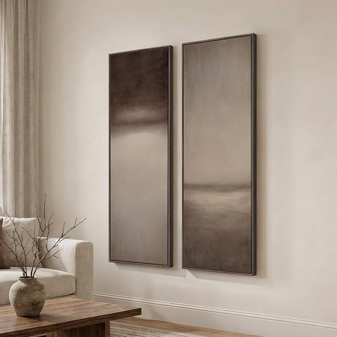 Long Narrow Framed Brown and Beige Neutral Abstract Vertical Wall Art, - Image 2
