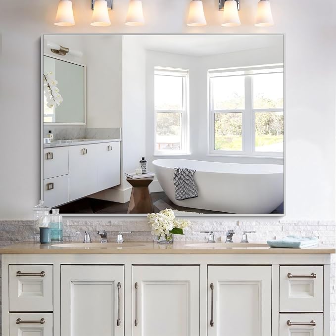 KOCUUY Silver Bathroom Mirror, HD Tempered Glass, Anti-Rust Brushed Silver Frame - Image 2