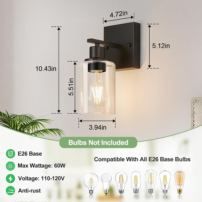 Indoi Set of 2 Wall Sconces for Bathroom, Matte Black Modern Vanity Lights - Image 8