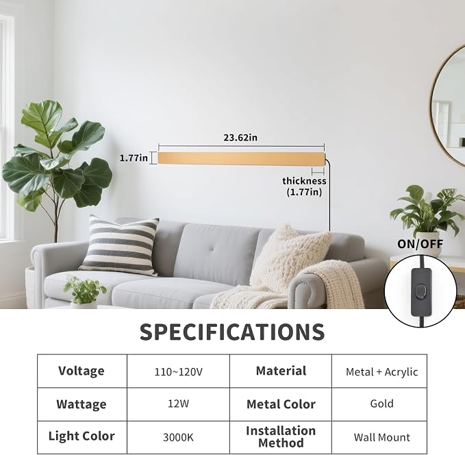 KELUOLY Modern Plug in Wall Sconces, 23.6 inch Frosted Gold LED Long Wall Lights - Image 2