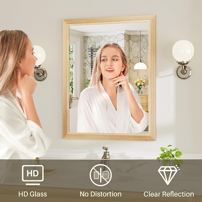 28x36 Inch Bathroom Mirror for Wall, Anti-Rust Oak Wood Grain Metal Framed - Image 6