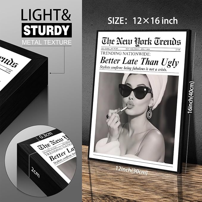 Trendy Newspaper Black Framed Posters Better Late Than Ugly Wall Art Vintage - Image 2