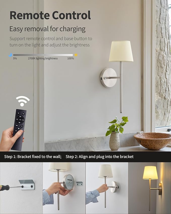 Wall Sconces Battery Operated Set of Two, Small Rechargeable Wall Lights - Image 4