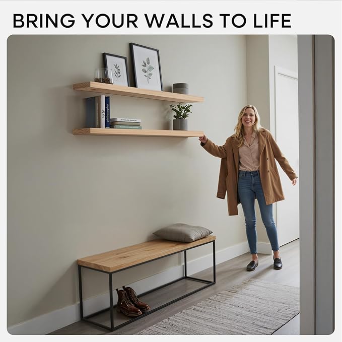 Homeforia 60 inch Natural Floating Shelf, High End Solid Real Wood 60inch Small - Image 3