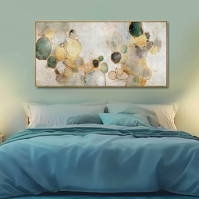 Gold Circle Modern Artwork Framed Abstract Wall Art Green Canvas Decor 24"x48" - Image 3