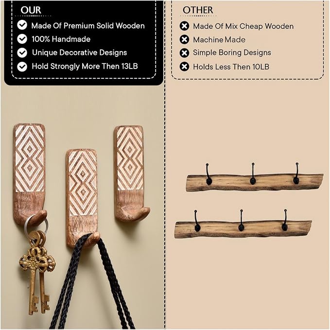 IndianShelf 10 LB- 6 Pieces Decorative Wood Adhesive Wall Hooks–Boho Peel and - Image 3