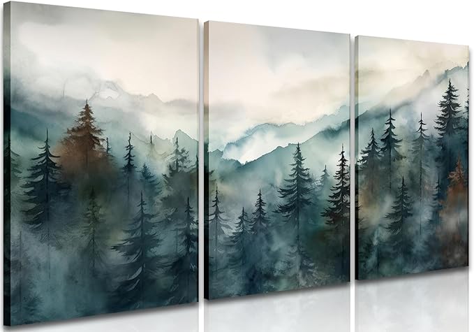 AKWISH Framed Green Forest Canvas Wall Art Set of 3, Boho Misty Watercolor Pine by AKWISHWallArt