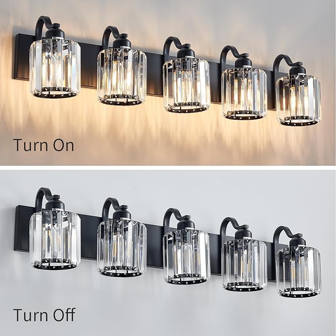 Crystal Vanity Light Black 5 Lights Modern Bathroom Vanity Lighting Fixtures - Image 5
