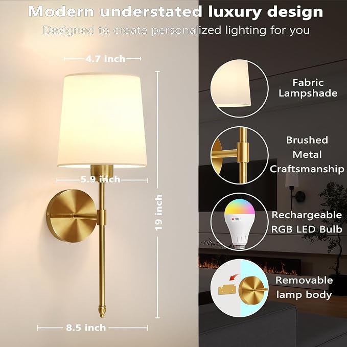 Ouyulong Battery Operated Wall Sconces Set of 2, Wireless Rechargeable Dimmable - Image 4