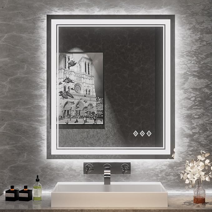 Bathroom Mirror, 32x36 Inch Gradient Front and Backlit LED Mirror by VanPokins-GlobalHighEndLEDBathroomMirrorBrand