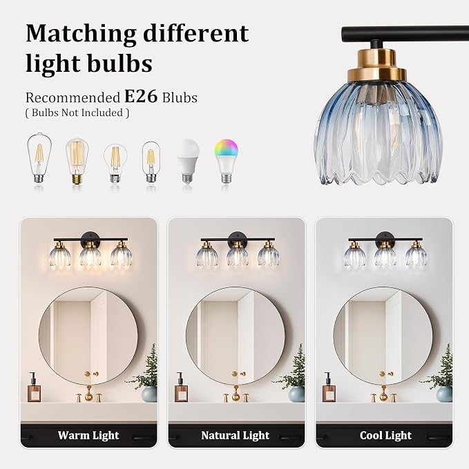 TALOYA Bathroom Vanity Light Fixtures, 3-Light Modern Black and Gold Wall - Image 7