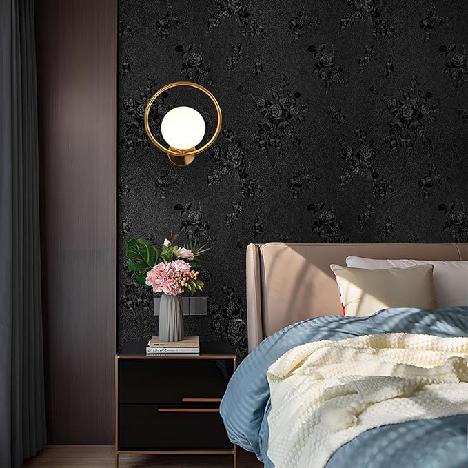 Black Peel and Stick Wallpaper Floral Black Wallpaper 17.7inch x 196.8inch - Image 3