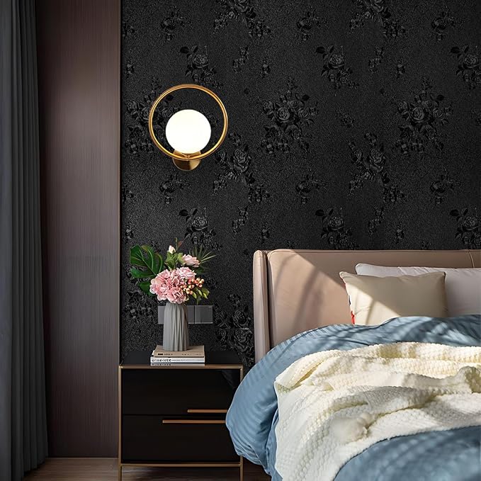 Black Peel and Stick Wallpaper Floral Black Wallpaper 17.7inch x 393.7inch - Image 3