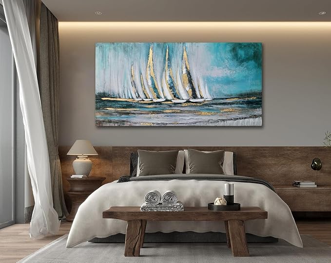 Anolyfi Blue Abstract Canvas Wall Art Teal Ocean Sailboat Picture Modern - Image 3