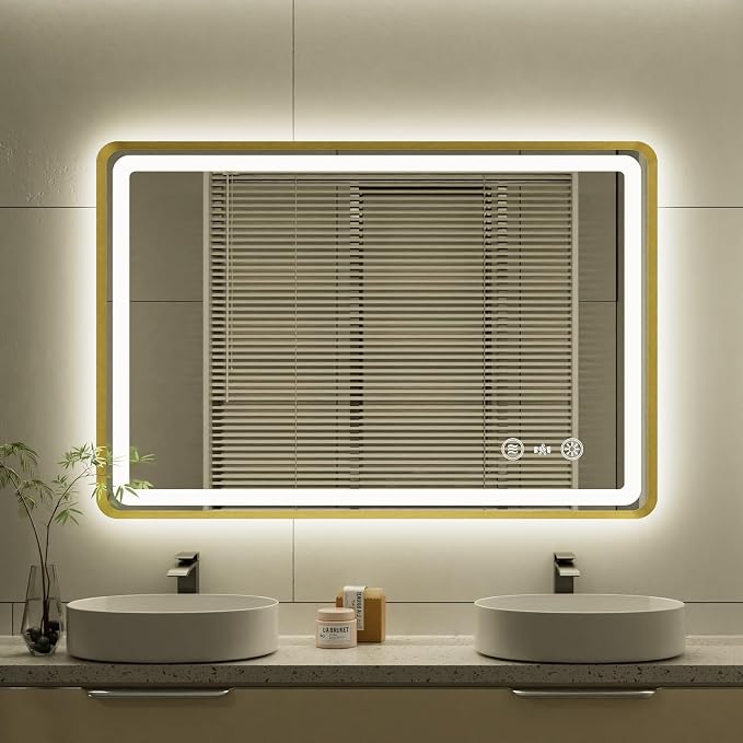 24x36 Inch Gold Framed LED Bathroom Mirror, Smart Bathroom Mirror by Unknown