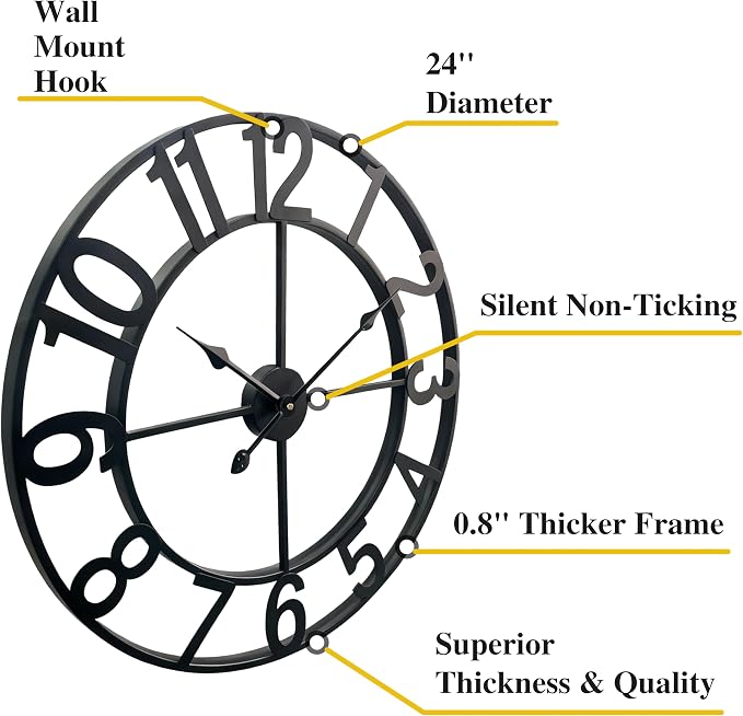 CLXEAST 24 Inch Wall Clocks for Living Room Decor, Large Black Metal Wall Clock - Image 2