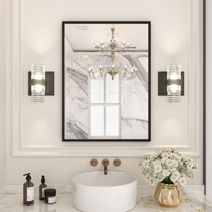 LOAAO 22"X30" Black Rectangle Bathroom Mirror Wall, Matte Black Aluminum Alloy by LOAAO