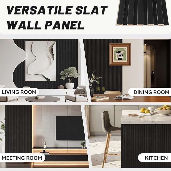 WPC Slat Wall Paneling, TV Background, Living Room, 94.5 x 6 in Matte Black - Image 6