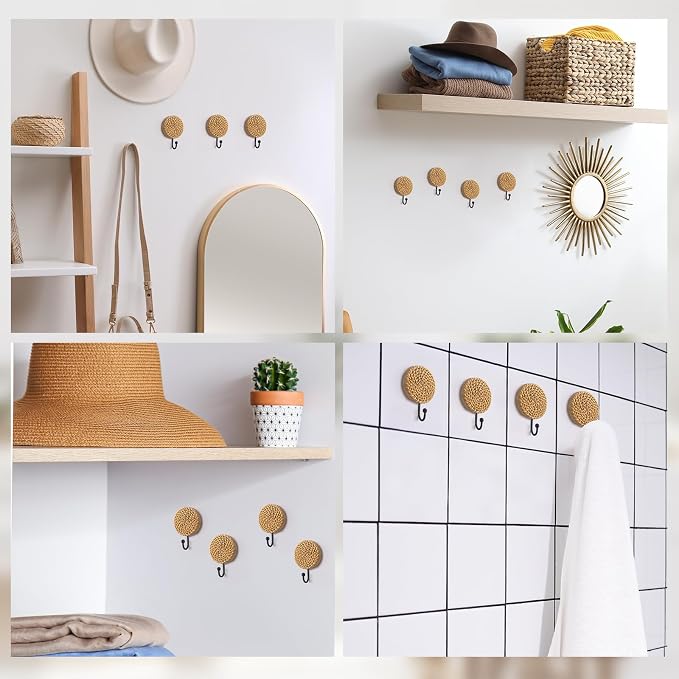 Colingmill 4 Pcs Boho Rattan Wall Towel Hooks Decorative Woven Hanging Holder - Image 6