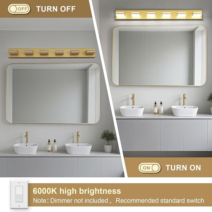 Modern LED Bathroom Lights Fixtures 6-Light, Metal Gold Acrylic Wall Lighting - Image 3