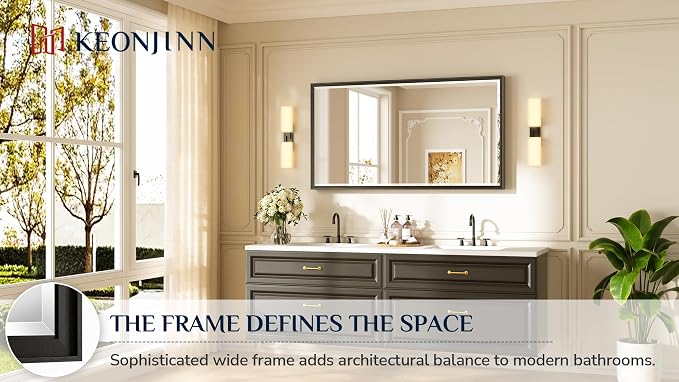 Keonjinn 55" x 30" Black Bathroom Vanity Mirror, Beveled Edge Tempered Glass - Image 7