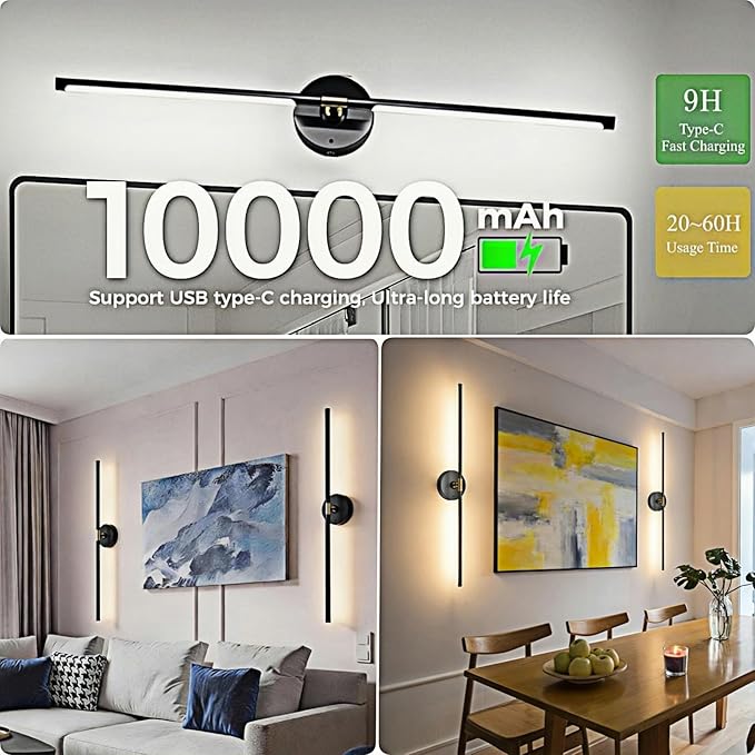 Battery Operated Wall Sconce Set of 2: 10000mAh Wireless Sconces Rechargeable - Image 3
