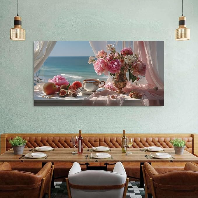 Vintage Pink Flower Wall Art Retro Flowers in Golden Vase Pictures Blue Ocean - Image 4
