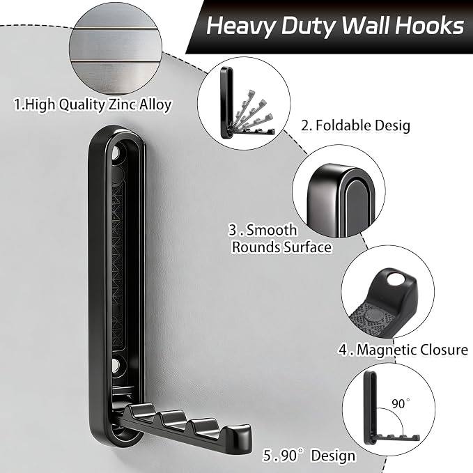 Dntorx 2 Pcs Extended Folding Coat Hooks Wall Mounted, 4.33 in Black Foldable - Image 3