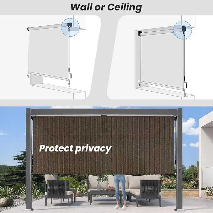 6'W x 8'H Mocha Patio Shades Roll up Outdoor Roller Shade Crank Wand Blind - Image 6