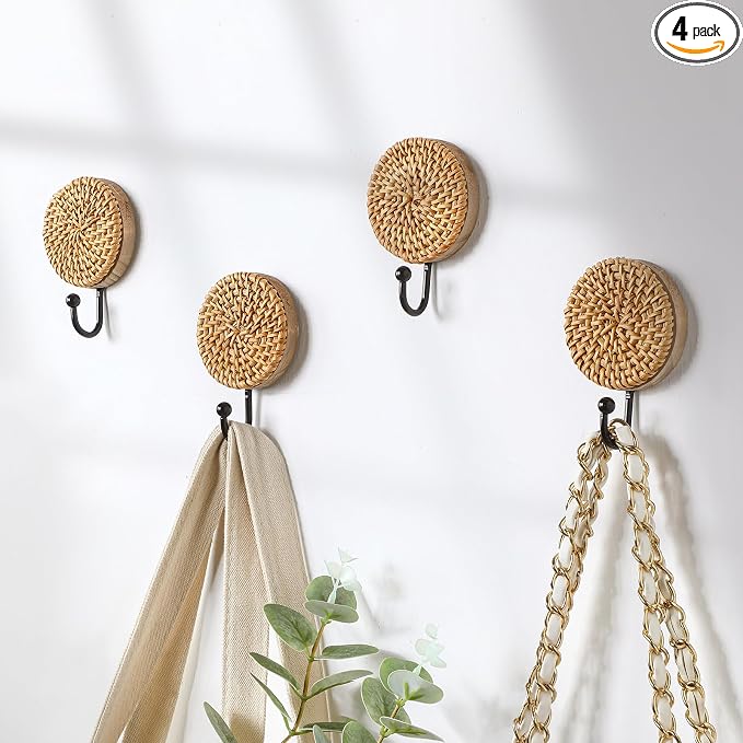 Colingmill 4 Pcs Boho Rattan Wall Towel Hooks Decorative Woven Hanging Holder by Colingmill