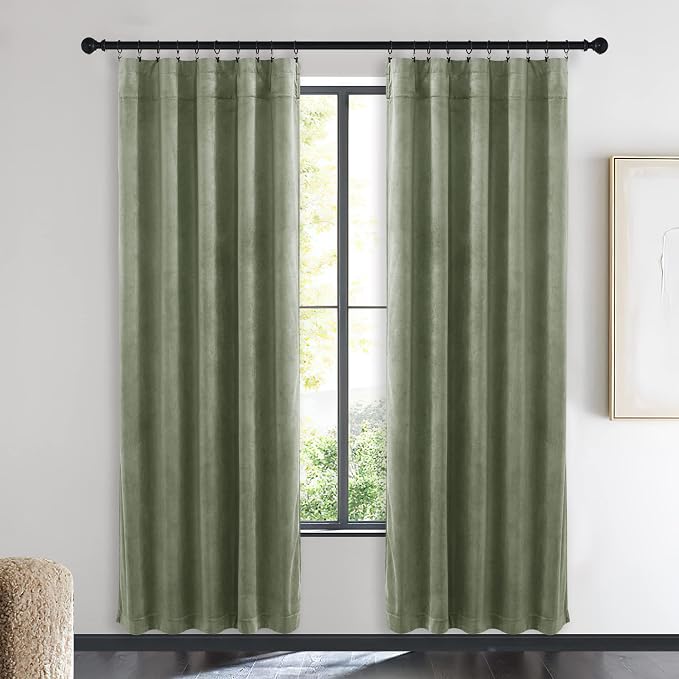 NICETOWN Sage Green Velvet Curtains 72 inches Long 2 Panels - Image 2
