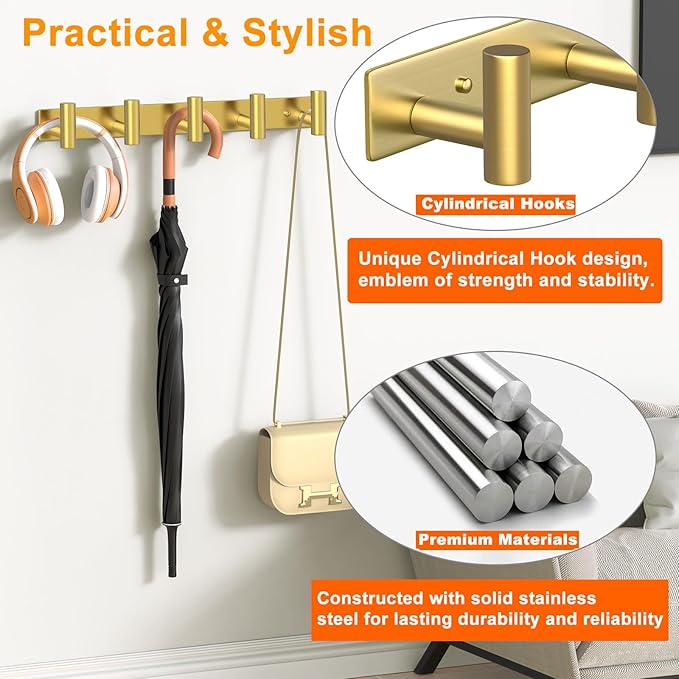 Wall Mounted Coat Rack-5 Hooks, Heavy Duty Stainless Steel Wall Hooks - Image 3