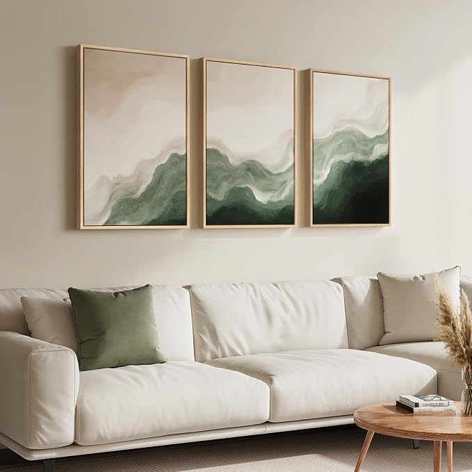 Framed Green and Beige Abstract Wall Art Set of 3, Modern Neutral Canvas Prints - Image 2