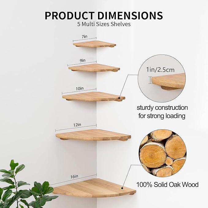 Gieanoo Corner Wall Shelf, 12inch Solid Oak Wood Floating Corner Shelf - Image 5