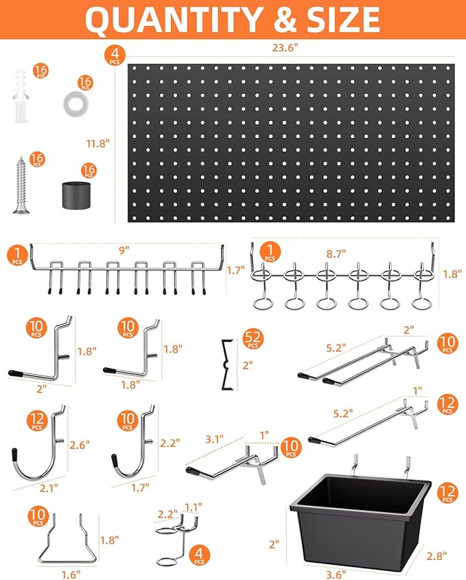 INCLY 158PCS Metal Pegboard Wall Organizer, 48x24 Inch Black Pegboard Panels - Image 4
