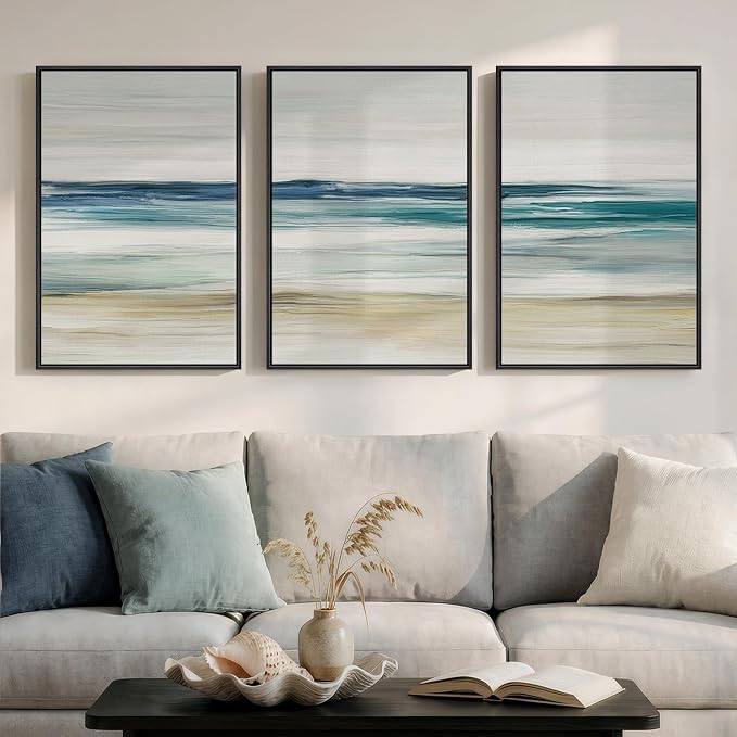 Framed Abstract Coastal Wall Art Bedroom, 3 Piece Blue Beach Landscape Canvas - Image 4