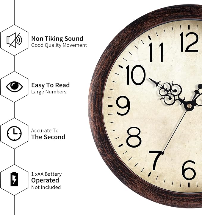 KECYET Wall Clock, Vintage Wall Clocks Battery Operated Quartz Silent - Image 8