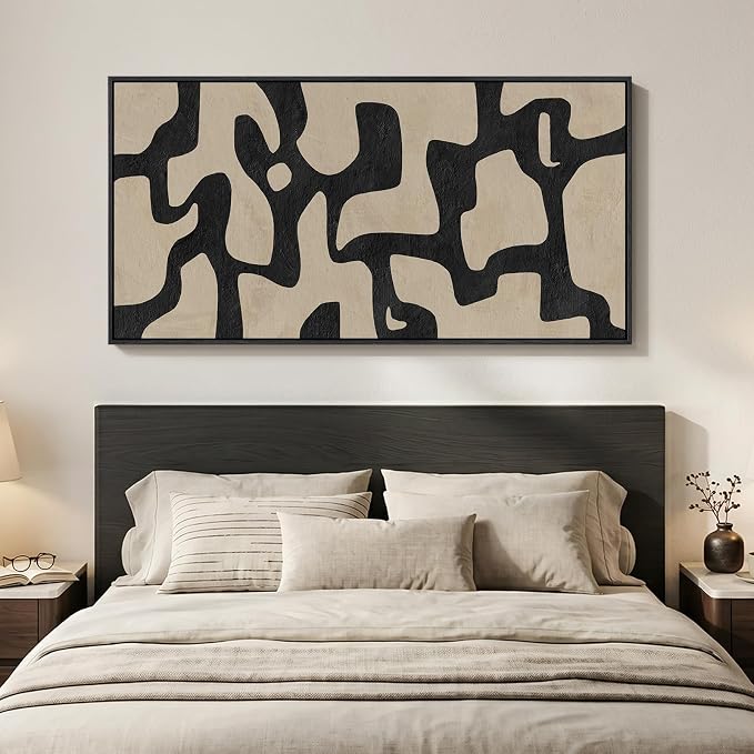 Large Framed Neutral Abstract Wall Art, Vertical Black Beige Geometric Canvas - Image 4