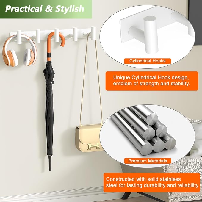 Wall Mounted Coat Rack-5 Hooks, Heavy Duty Stainless Steel Wall Hooks - Image 3