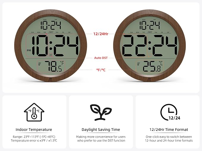Digital Wall Clock with Date, Indoor Temperature, Battery-Operated Digital Clock - Image 5